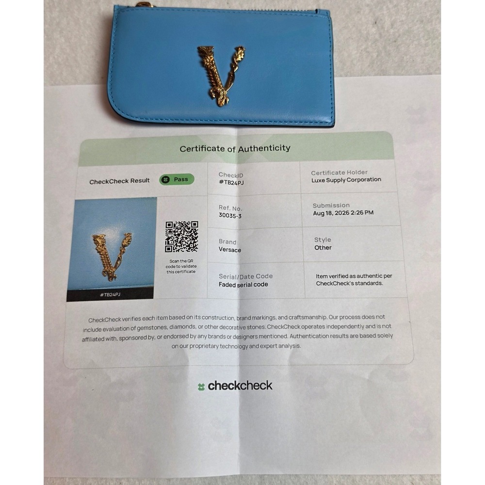 Versace Virtus Blue Leather Card Case Zip Wallet Gold Barocco V Authentic COA